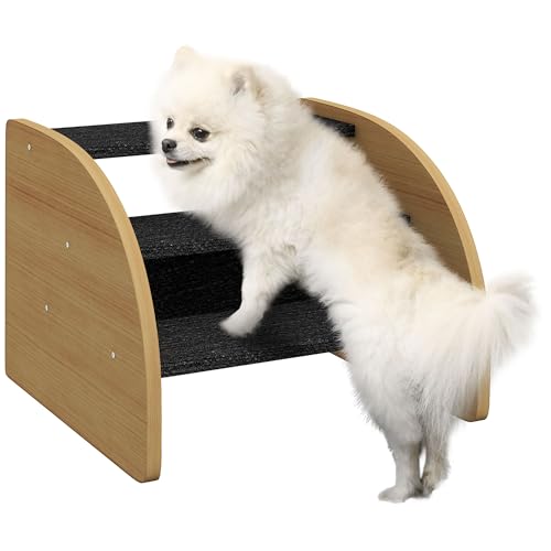 PawHut Hundetreppe 3 Stufen 30 cm Hoch Haustiertreppe mit Seitenwand Hunderampe für Kleine Hunde Katzentreppe Einstiegshilfe für Bett, Sofa, Couch und Auto Eiche
