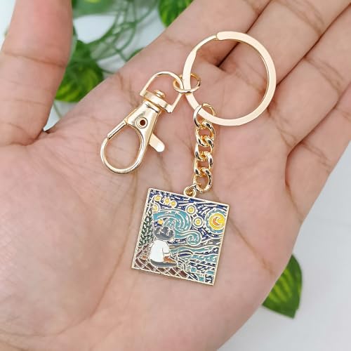 Image of Van Gogh Keychain for Men & Women, Starry Night & Wheatfield Painting Aesthetic Keychains, Handcrafted, Durable Anti-Tarnish Metal Key Ring for Car, Bike, Travel, Bags, Gifting
