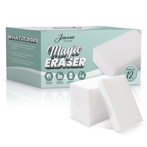 Jaxons Clean Magic Eraser Sponges - Paquete de 12 almohadillas de limpieza de espuma de melamina resistentes para el hogar, cocina, baño, paredes, zócalos, tamaño 4.7 x 2.5 x 1.2 pulgadas