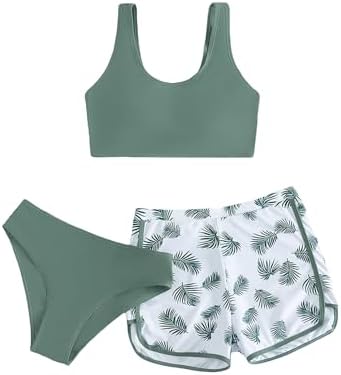 COZYEASE Girls&#39; 3 Piece Swimsuit Tropical Print Bikini Bathing Suit with Shorts