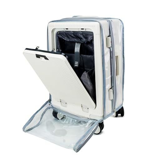 PUMHUBO Clear Carry On Luggage Cover, No Disassembly, 20 Inch with Front Pocket Zipper, PVC Plastic Material, Travel Waterproof Transparent Suitcase Protector
