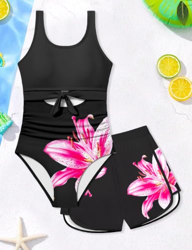 Image of Qaoerde Girls Swimsuit One Piece Swimsuits Cutout Ruched Bathing Suits Adjustable Straps Tie Girls' Swimwear 9-16Y