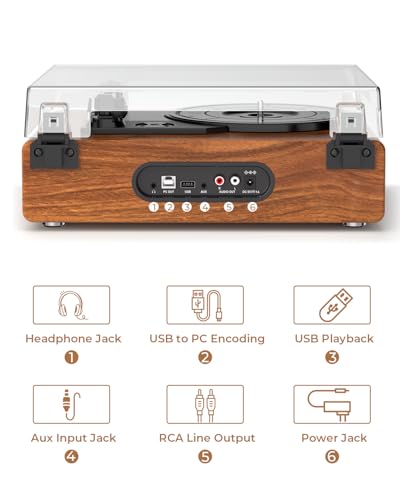 Bluetooth Record Player with Built-in Speakers, USB to PC Recording, 3-Speed Belt-Drive Turntable with AUX in & RCA Output, Brown Wood Grain Retro Vinyl Player for Home or Gift Use - Les Beatles, Paul McCartney, John Lennon, RIngo Starr, George Harrison Bluetooth Record Player with Built-in Speakers, USB to PC Recording, 3-Speed Belt-Drive Turntable with AUX in & RCA Output, Brown Wood Grain Retro Vinyl Player for Home or Gift Use – Image 6