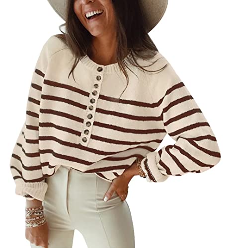 SUPRELOOK Women s Sweaters Casual Long Sleeve Button Down Crew Neck Striped Knit Pullover Sweater Tops Apricot