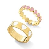 YOOESTORES82 2PCS Colorful Heart Ring Gold Band Rings Set for Women Girl Couple. Cute Love Heart Plain Stackable Finger Ring Wedding Love Promise Ring (White+Pink)