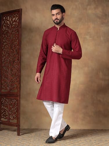 Image of Men's Solid Regular Fit Ethnic Wear White Kurta Pajama Set with Front Pocket