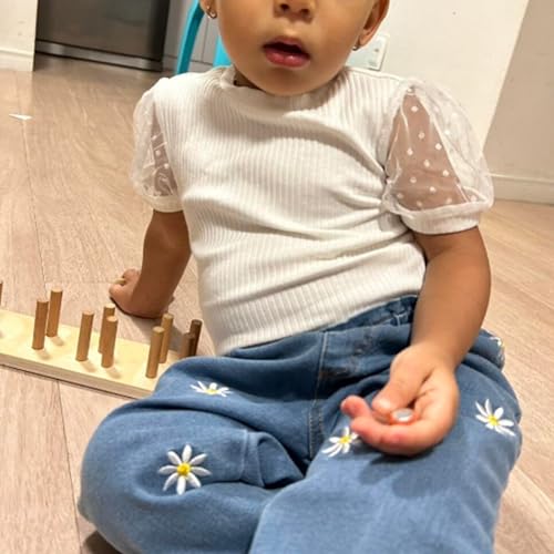Image of OPAWO Toddler Girl Shirts Short Sleeve Ribbed Cotton Baby Tee Girls Tops | Polka dot tulle puff sleeves, Super soft and lightweight, Solid color, Versatile, Fit for summer, 12 Months to 8 Years