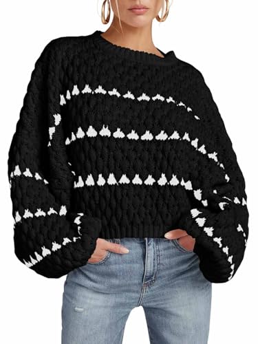 Image of Saodimallsu Women's Oversize Autumn Knitted Jumper Elegant Winter Striped Jumper Puff Sleeves Round Neck Jumper, black, S