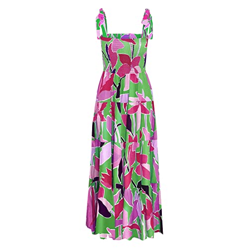Image of kinstell Women's Summer Boho Spaghetti Strap Square Neck Ruffle Casual Flowy Long Dress Beach Swing Party Maxi Dress