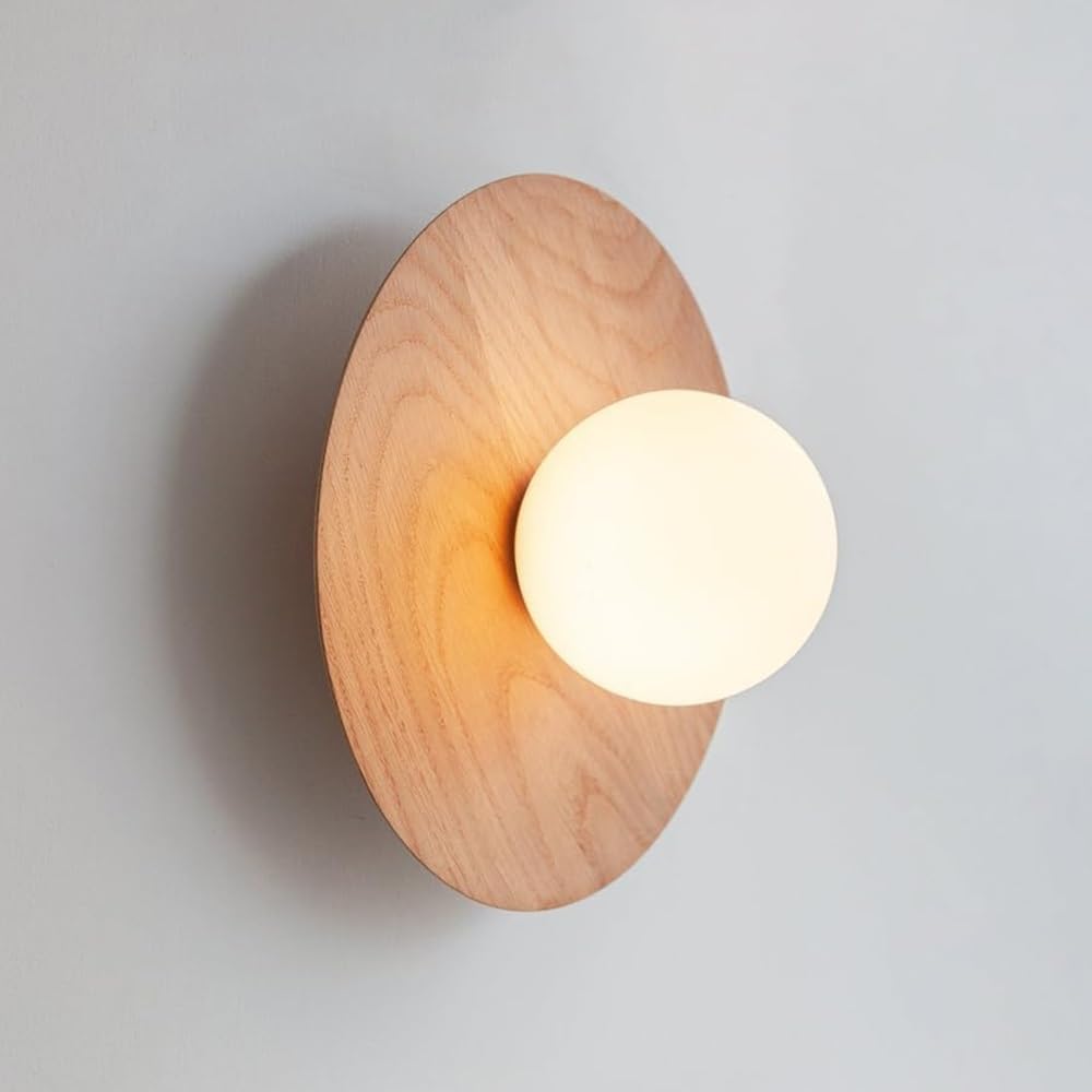 Oryginalna japońska lampa ścienna z litego drewna, styl wiejski, styl vintage, okrągła, ze szklanym kloszem, idealna do przedpokoju, sypialni, stolika nocnego lub salonu