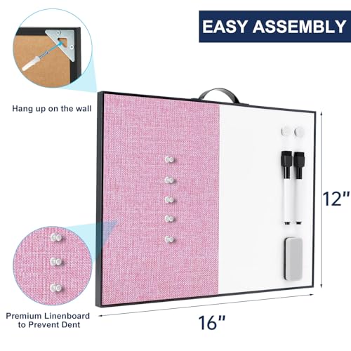 Image of Small White Board Cork-Board Combo - 16 X 12 inches Pink Linen Board & Magnetic Dry Erase Board for Wall, Mini Bulletin Cork Board with Holder for Office, Home and School