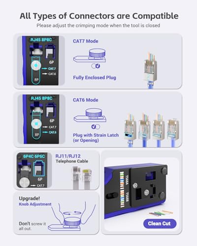 Image of VCELINK RJ45 Crimp Tool Kit for CAT7 /6A /6 /5E /5, Upgraded Network Tool Set with an Ethernet Crimper, 50 RJ45 Connectors & Boots, Cable Tester, Wire Stripper and Cutter in a Cloth Bag, Blue