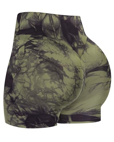 ATHVOTAR Workout Gym Shorts Women, High Waisted Seamless Butt Lifting Scrunch Butt Sports Shorts Tie-Dye Army Green M