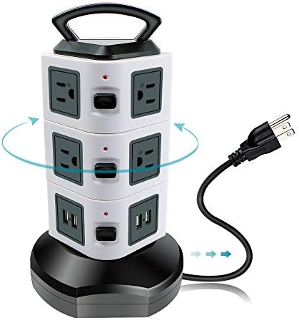 Surge Protector Power Strip Tower Electric Charging Station 3000W 13A 16AWG 10 Outlet with 4 USB Slot, Multi Plug Outlet with 6 ft Long Cord Wire for PC Laptops Mobile Office Home