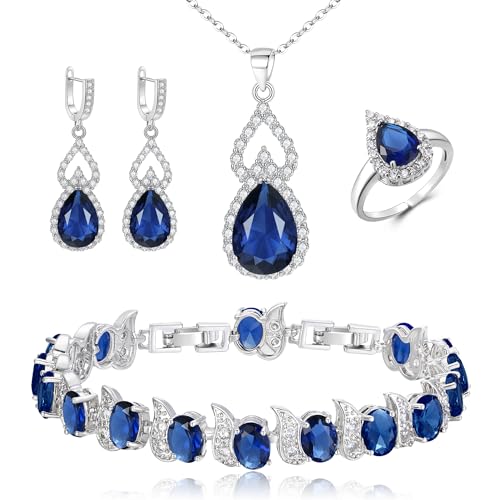 Clearine Parure de bijoux pour femme plaquée argent saphir couleur larme zircon cubique collier...
