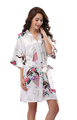 Luvrobes women's satin kimono robe, peacock design, sho…