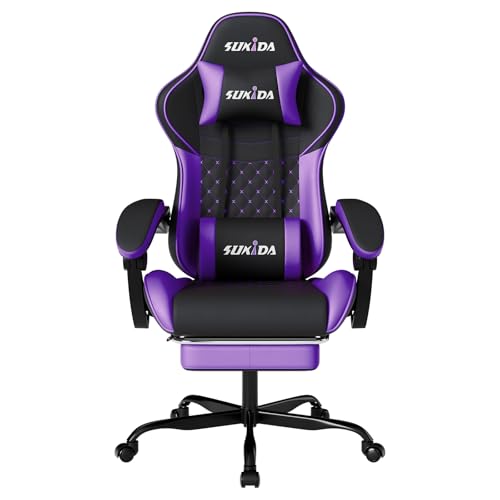 SUKIDA Gaming Stuhl, Ergonomischer Gaming-Stuhl mit Fußstütze, Racing Gamer Chair 90-135° Rückenlehne einstellbar, Computerstuhl Höhenverstellbar Lendenwirbelstütze, Blackpurple