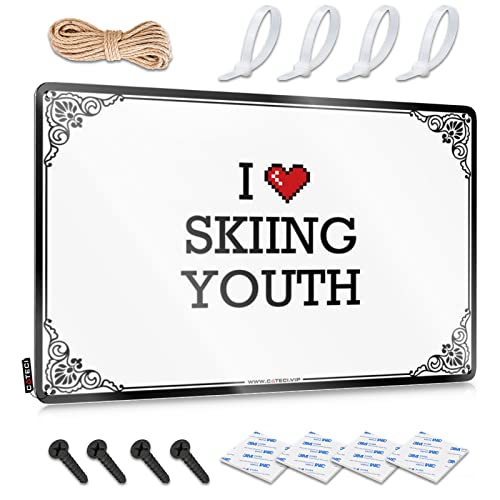 Divertente cartello per esterni "I Love Skiing Youth" in latta per adulti per uomo grotta decorazione in metallo (20 x 30 cm)