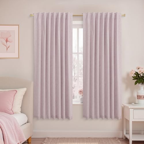 KOUFALL Pink Curtains 63 Inch Long for Girls Room, Cute Linen Blackout Room Darkening Girly Curtains for Bedroom, 2 Panel Set, Light Pink