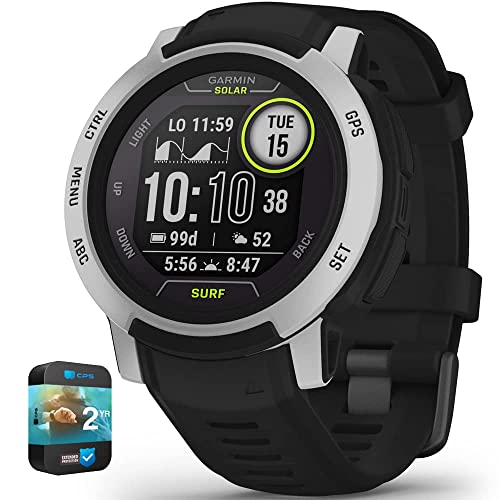 Garmin 010-02627-15 Instinct 2 Solar Smartwatch Surf Edition Campanas Beach Bundle con paquete de protección mejorada CPS premium de 2 años