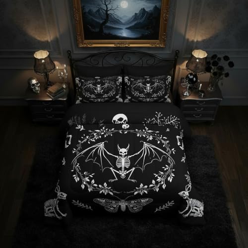 Rabbit Skull Comforter Set Twin Size,White Skull Gothic Animal Theme Duvet Insert for Kids Boys Girs,Boho Tribe Quilted Duvet Bedding Comforters for Bedroom Decor,2 Pcs