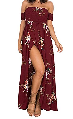 LAZYLADY Women Boho Style Off Shoulder Beach Summer Long Dresses Red