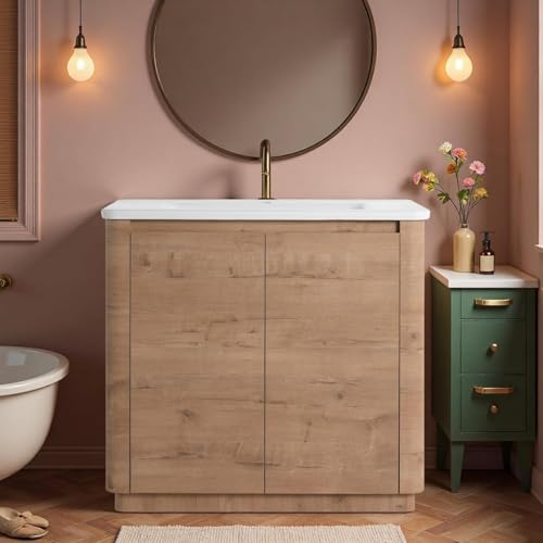 Image of 36 inch Bathroom Vanity with Ceramic Sink, Freestanding Bathroom Vanity with 2-Soft-Close Door, Soft-Closing Hinges & Hidden Handles for Home, Farmhouse, Easy to Clean Design, Imitative Oak