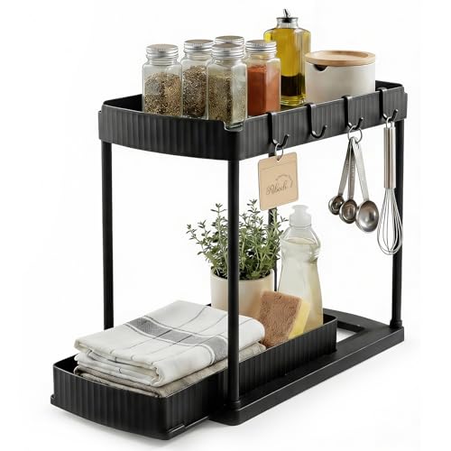 Ribech Organizador bajo Fregadero 2 Niveles con Cajón Extraíble – Sin Herramientas Estante con 4 Ganchos, para Baño & Cocina, Negro