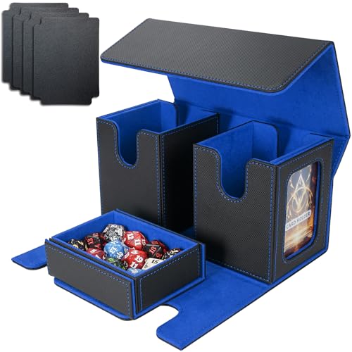 AFIING MTG Commander Card Storage Box - Fits 200 Double Sleeved Cards,3-in-1Card Deck Case,Strong Magnet Card Organizer For Magic Commander TCG CCG,4Dividers &2 Toploaders, Black/Blue