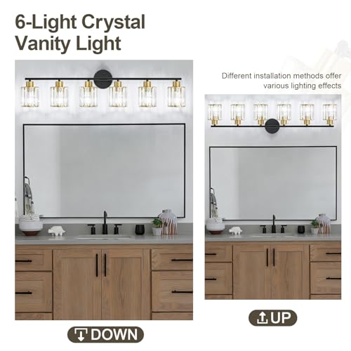 Image of Modern Black Gold Crystal Bathroom Light Fixtures,6-Light