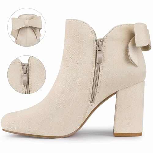 Allegra K Allegra K Women's Round Toe Bow Decor Chunky Heel Beige Ankle Boots 6.5 M US