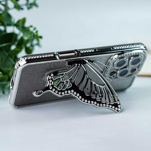 Image of Peeperly Back Cover Case for iPhone 15 Pro Scratch Resistant Anti-Slip TPU Shockproof Protective Durable Glamorous Rhinestone Butterfly Glitter Case for Girls & Women(Silver)