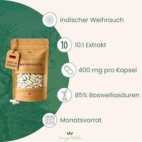 Weihrauch Kapseln 400mg – 85% Boswelliasäure – Hochdosiert & Laborgeprüft – Reines Boswellia Serrata – Vegan, in Deutschland produziert – 60 Kapseln von sunny nature®