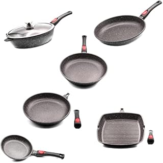 PRADEL LUXE, zestaw patelni 20/24/28/30 cm, frytkownica i grill 28 cm, wszystkie palniki, w tym indukcyjne, zdejmowany uchwyt.