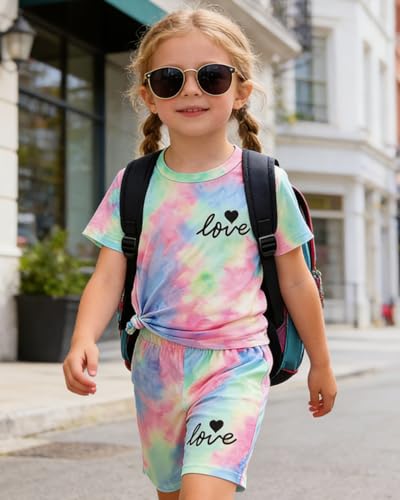 Image of Kids Girl Clothes Tie Dye Heart Print Short Sleeve Top and Shorts Toddler Girl Summer Outfits Short Set