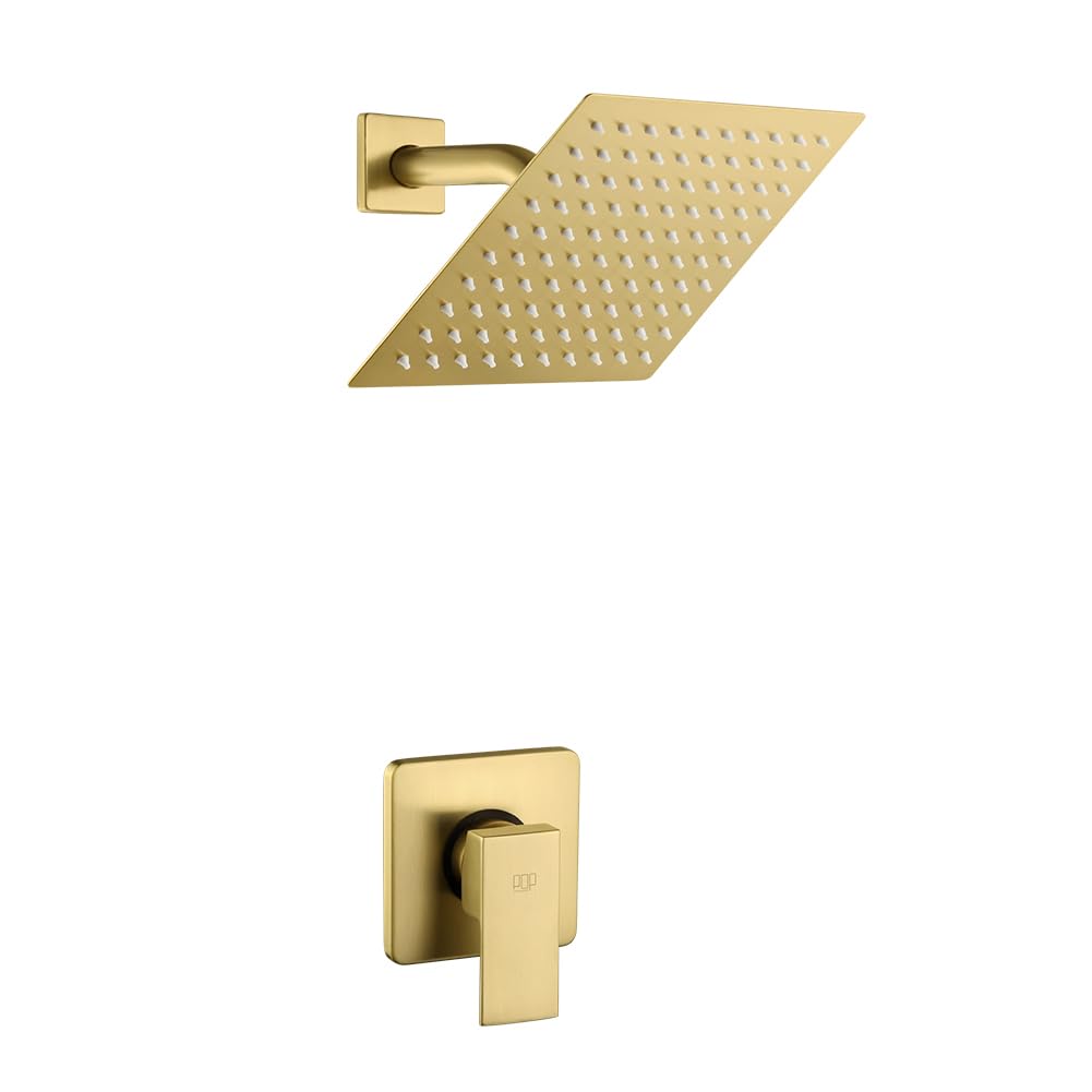 POP SANITARYWARE Shower Faucet Set Brushed Gold Bathroom Rainfall 8 Inch Shower Head System, Single Handle Shower Trim Kit with Rough-in Valve