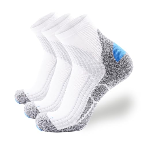 Tactia Full Cushion Compression Socks Men, Coolmax Anti-Blister Padded Heel, Moisture Wicking Cushioned Quarter Socks for Tennis Golf Hiking Work (3 Pairs, 8-11, White)