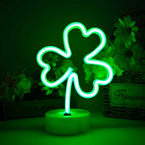 Image of Neon Sign Shamrock Shaped St. Patric's Day Night Light, LoveNite USB & Battery Operated Green Clover Glowing Neon Decorative Irish Shamrock Light Table Decor for Room Party Decorations (3-Clover)