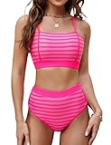 BMJL Women's High Waisted Bikini Sets Striped Two Piece Swimsuit Spaghetti Straps High Cut Bathing Suits(L,Hot Pink)