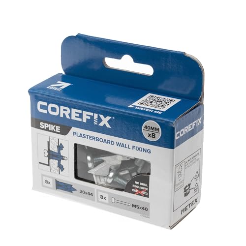 Corefix Spike Heavy Duty Plasterboard Fixings 8 Pack, DIY Kit with M5x40mm Screws. Easy to Install with NO Drill Required. Drywall Anchor, Wall Plug Alternative Suitable for All Plasterboard Types.