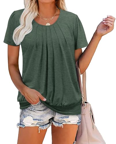 ZOLUCKY Women's Short Sleeve Casual Summer Tunic Tops Loose Solid Color Blouse Soft Comfy Tunic Elastic Cute Tee Shirt, DeepGreen Medium