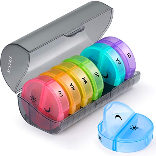 SUKUOS Pilulier Semainier Francais Matin et Soir, Pilulier Rond 7 Jours 14 Compartiments Pillbox Multicolores Pilulier Hebdomadaire - Deux Fois Par Jour Medication Dispenser Cover