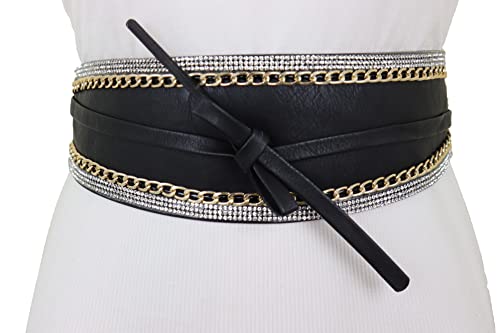 Women Fashion Black Wide Band Wrap Around Tie Belt High Waist Gold Chain Kimono S M3