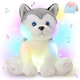 Houwsbaby 12'' Gray Light Up Musical Stuffed Animal Husky Singing LED Dog Glowing Plush Toy Lullaby Animated Soothe Birthday Festival Present for Kids Toddler Girls