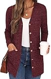 GRECERELLE Burgundy Open Front Cardigan for Women Button Down Long Sleeve Draped Sweater Outerwear with Pocket