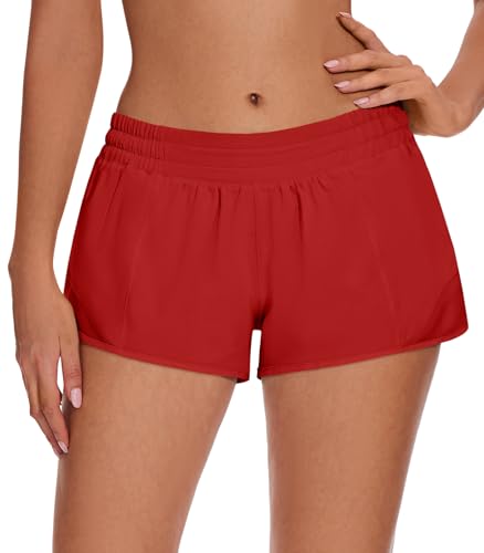 AugIris Athletic Running Shorts for Women with Zipper Pocket Soft Lightweight Gym Workout Shorts with Mesh Liner Quick Dry Red