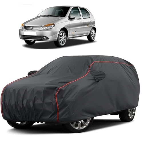 Image of Sulfar 100% Water Resistant Car Body Cover Compatible with Mirror for Tata Indica V2 (Triple Stitched, Full Bottom Elastic, Dark Grey Taffeta with Red Piping)