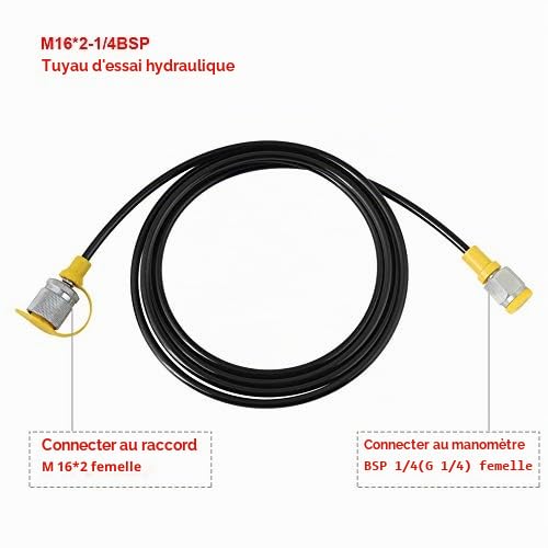 Tuyau de Test de Pression Hydraulique, 2m/6FT, M16 x 2-1/4BSP, Noir, Renforcé de Fibres, 64Mpa, Nylon, Polyuréthane