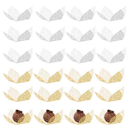 PYSEOSISE Envolturas para Trufas de Chocolate, 60 Piezas Cápsulas para Trufas, Capacillos Dorados y Blancos para Cupcakes Wrappers para San Valentín Boda Cumpleaños