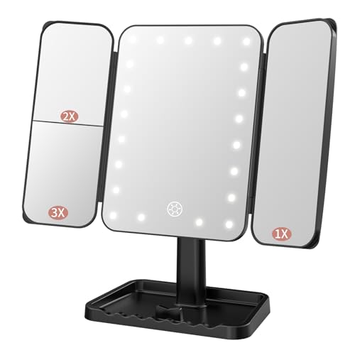FASCINATE Espejo de maquillaje triple recargable con luces, sensor táctil de atenuación ajustable, rotación de 180°, espejo cosmético portátil (negro)